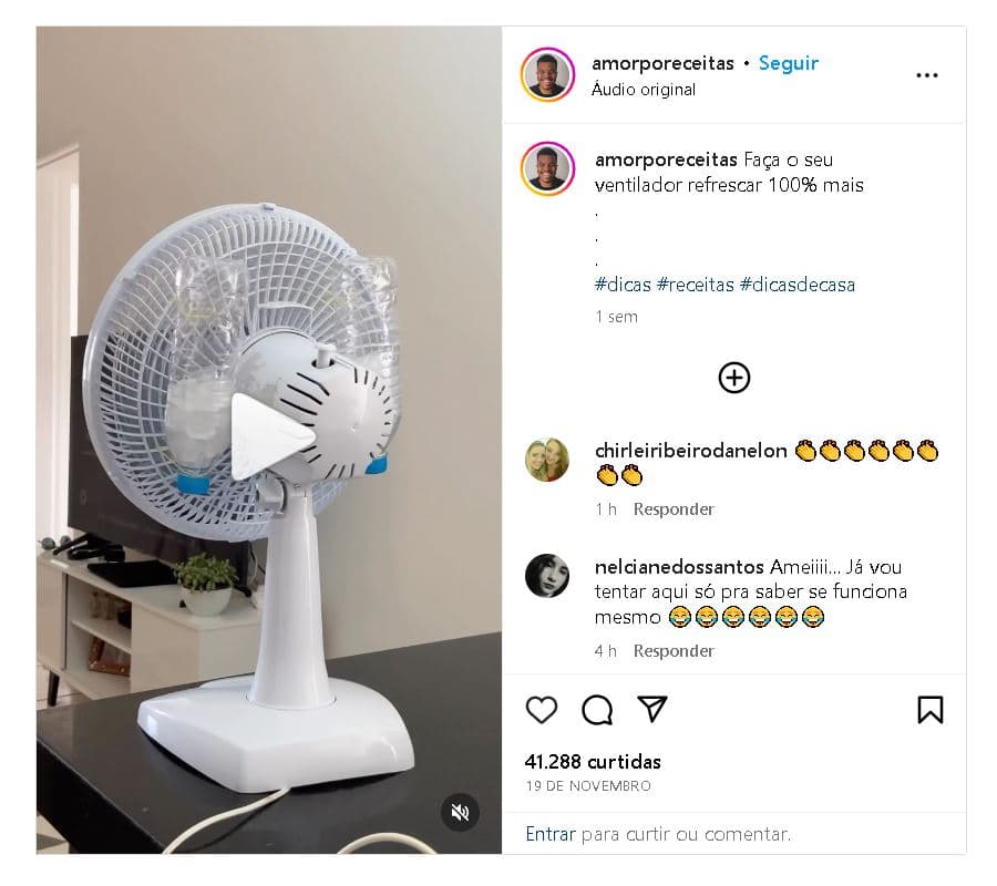 Truque infalível do ventilador - Foto Reprodução Instagram Truque infalível do ventilador - Foto Reprodução Instagram