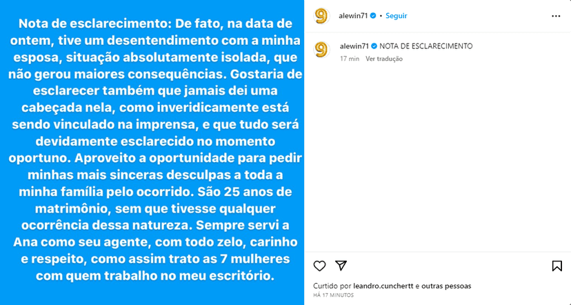 Nota de esclarecimento de Alexandre Correa, marido de Ana - Foto: Reprodução/Instagram Nota de esclarecimento de Alexandre Correa, marido de Ana - Foto: Reprodução/Instagram
