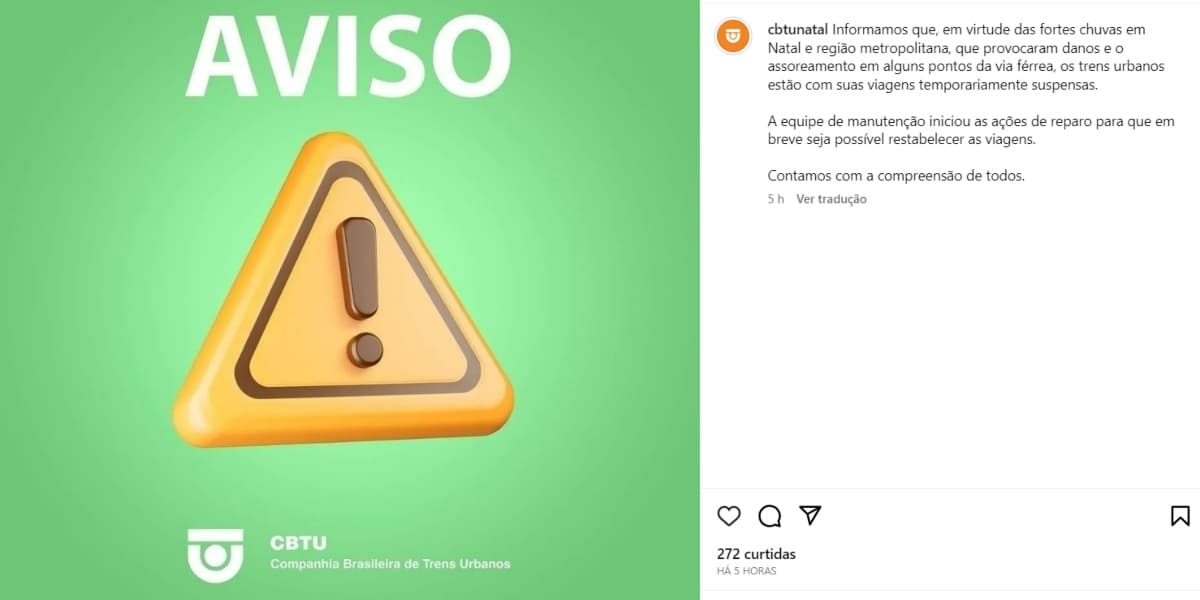 Comunicado de paralisação de trens da CBTU (Foto: Reprodução/Instagram) Comunicado de paralisação de trens da CBTU (Foto: Reprodução/Instagram)