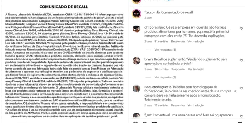 Comunicado de recall da Fitoway após determinação da Anvisa (Foto: Reprodução/Instagram) Comunicado de recall da Fitoway após determinação da Anvisa (Foto: Reprodução/Instagram)