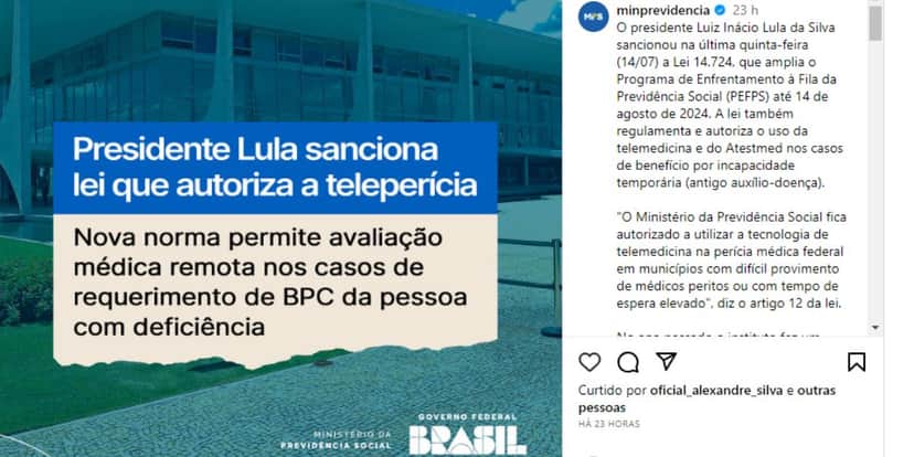 Comunicado do INSS sobre a Lei sancionada (Reprodução: Instagram) Comunicado do INSS sobre a Lei sancionada (Reprodução: Instagram)
