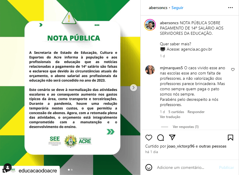 Nota de esclarecimento sobre o pagamento do abono - Foto: Instagram Nota de esclarecimento sobre o pagamento do abono - Foto: Instagram