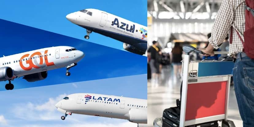 Aviões Azul, Gol e Latam, e pessoa com malas em aeroporto (Fotos: Reproduções / Internet / Freepik) Aviões Azul, Gol e Latam, e pessoa com malas em aeroporto (Fotos: Reproduções / Internet / Freepik)
