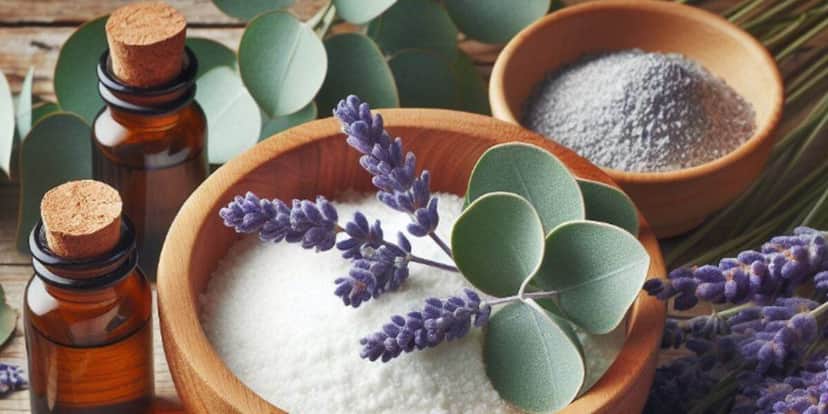 O talco pode ser feito com lavanda, folhas de eucalipto, amido de milho e citronela (Foto Reprodução/Bing IA) O talco pode ser feito com lavanda, folhas de eucalipto, amido de milho e citronela (Foto Reprodução/Bing IA)