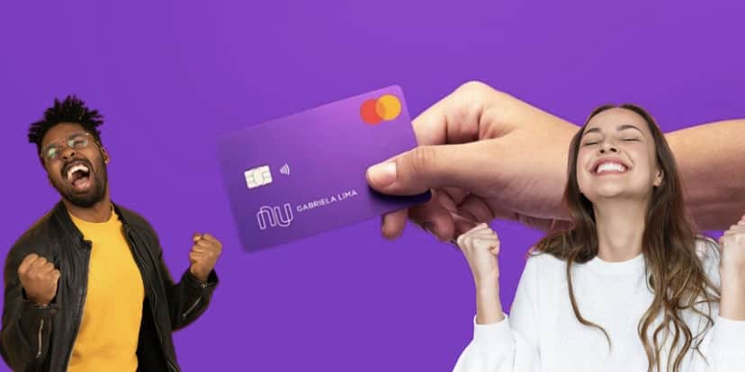 Homem e mulher celebrando e cartão do Nubank (Fotos: Reproduções / Nubank / Freepik) Homem e mulher celebrando e cartão do Nubank (Fotos: Reproduções / Nubank / Freepik)