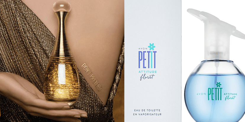Perfume J'adore, Dior e Petit Attitude Floret, Avon (Foto: Reprodução, Sites das Marcas) Perfume J'adore, Dior e Petit Attitude Floret, Avon (Foto: Reprodução, Sites das Marcas)