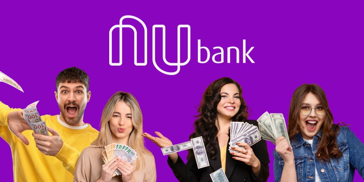 Pessoas com dinheiro e logo do Nubank - Foto Reprodução Internet Pessoas com dinheiro e logo do Nubank - Foto Reprodução Internet