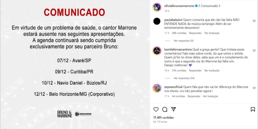 Nota da assessoria de Bruno e Marrone (Foto: Reprodução/Instagram) Nota da assessoria de Bruno e Marrone (Foto: Reprodução/Instagram)