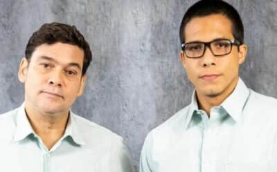Tadeu (Cláudio Gabriel) e Enzo (Rafael Gualandi) em Terra e Paixão (Foto: Reprodução / Globo) Tadeu (Cláudio Gabriel) e Enzo (Rafael Gualandi) em Terra e Paixão (Foto: Reprodução / Globo)