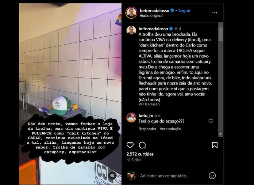 Publicação de Beto Madalosso informando o fechamento do Trolha (Foto Reprodução/Instagram) Publicação de Beto Madalosso informando o fechamento do Trolha (Foto Reprodução/Instagram)