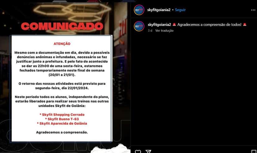 Comunicado da SkyFit nas redes sociais (Foto Reprodução/Instagram) Comunicado da SkyFit nas redes sociais (Foto Reprodução/Instagram)