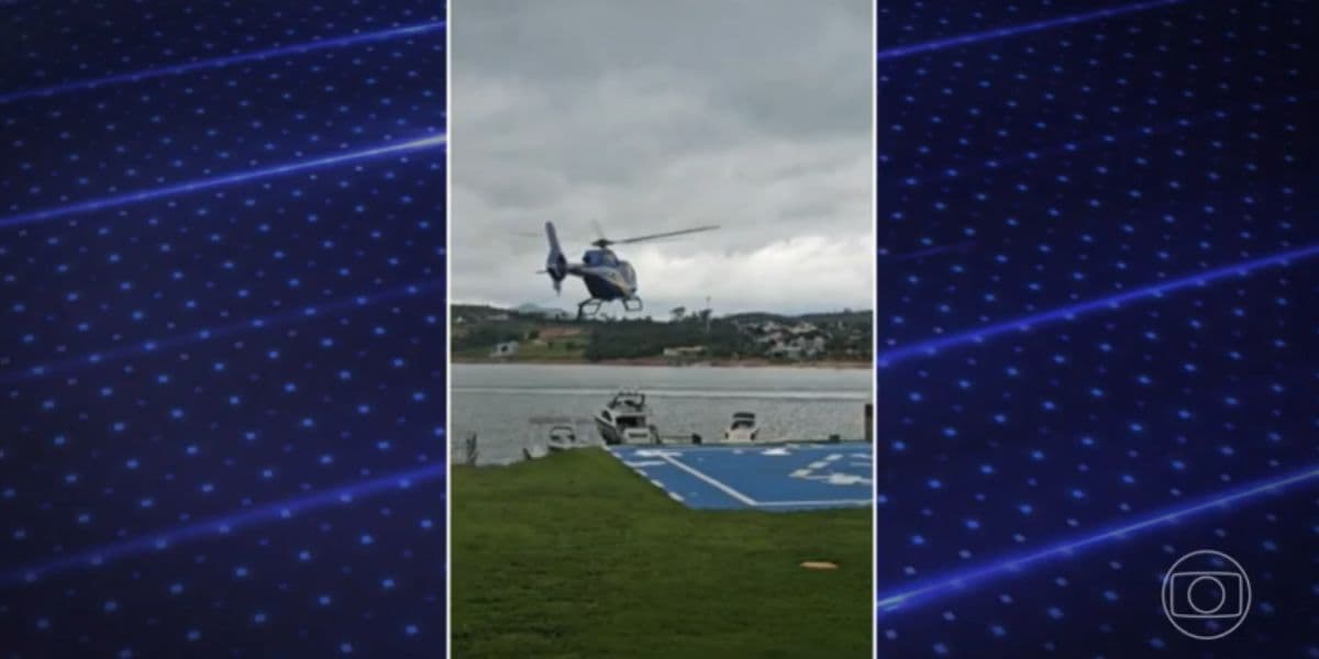 Decolagem do helicóptero que acabou caindo na sequência (Reprodução: Globo) Decolagem do helicóptero que acabou caindo na sequência (Reprodução: Globo)