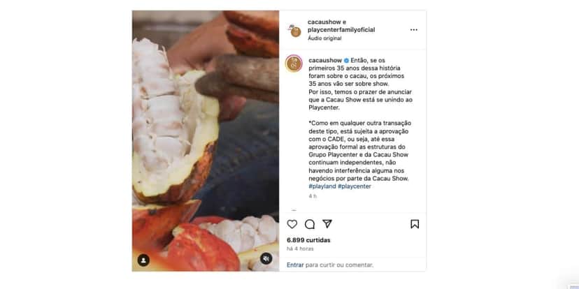 Anúncio da Cacau Show sobre o Playcenter (Foto: Reprodução / Instagram) Anúncio da Cacau Show sobre o Playcenter (Foto: Reprodução / Instagram)