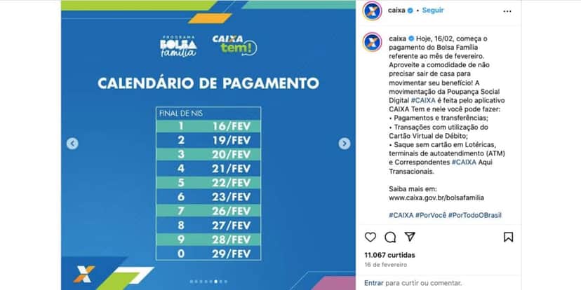Data do Bolsa Família de fevereiro (Foto: Reprodução / Instagram) Data do Bolsa Família de fevereiro (Foto: Reprodução / Instagram)