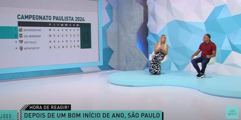 Renata Fan e Denílson no comando do Jogo Aberto (Reprodução: Band) Renata Fan e Denílson no comando do Jogo Aberto (Reprodução: Band)