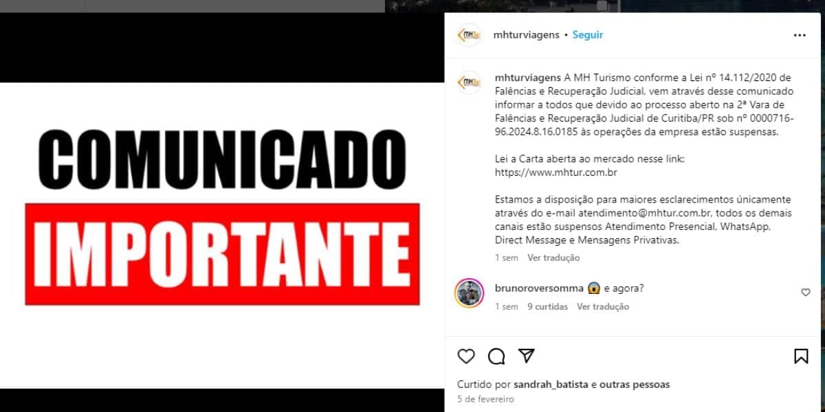 Comunicado da recuperação judicial da MH Turismo (Reprodução: Instagram) Comunicado da recuperação judicial da MH Turismo (Reprodução: Instagram)