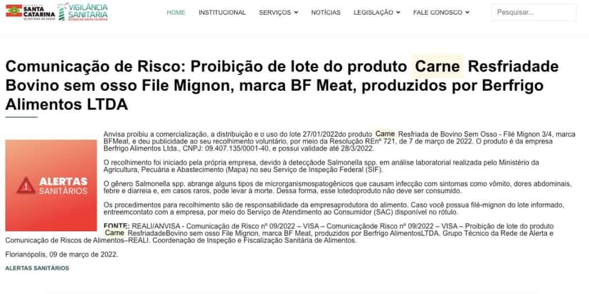 Comunicado sobre produto da marca BF Meat (Foto: Reprodução / site) Comunicado sobre produto da marca BF Meat (Foto: Reprodução / site)