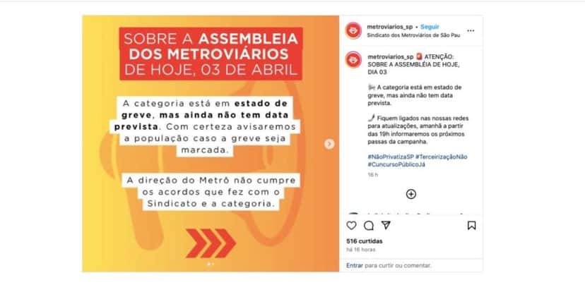 Comunicado Metroviários de São Paulo (Foto: Reprodução / Instagram) Comunicado Metroviários de São Paulo (Foto: Reprodução / Instagram)