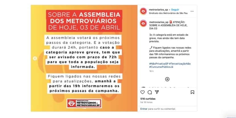Comunicado Metroviários de São Paulo (Foto: Reprodução / Instagram) Comunicado Metroviários de São Paulo (Foto: Reprodução / Instagram)