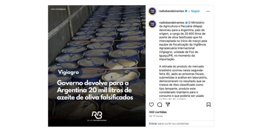 Notícia sobre azeite (Foto: Reprodução / Instagram) Notícia sobre azeite (Foto: Reprodução / Instagram)