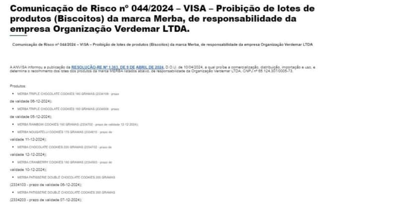 Decreto da ANVISA contra a marca Merba (Foto Reprodução/Vigilância Sanitária) Decreto da ANVISA contra a marca Merba (Foto Reprodução/Vigilância Sanitária)