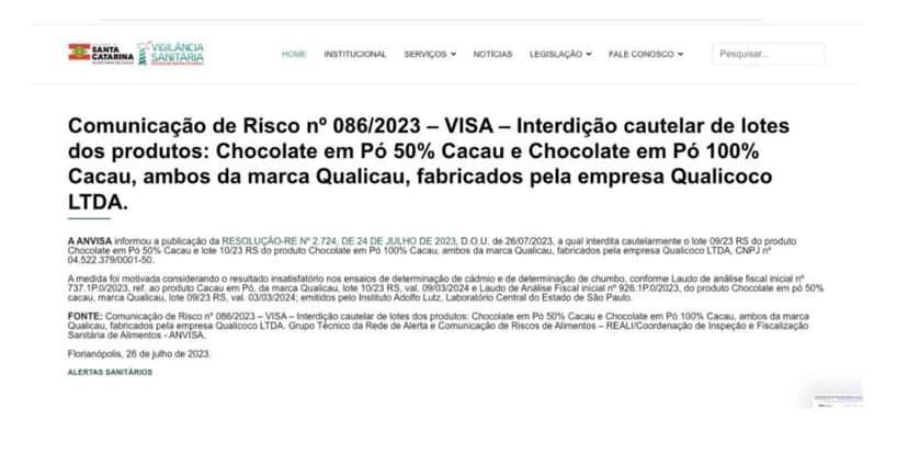 Nota Anvisa da marca Qualicau (Foto: Reprodução / Site Vigilância Sanitária) Nota Anvisa da marca Qualicau (Foto: Reprodução / Site Vigilância Sanitária)