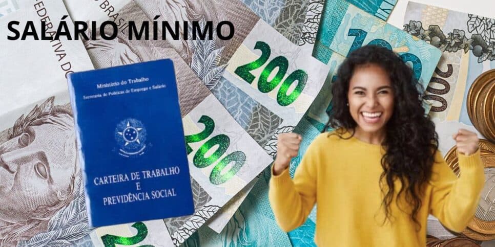 Salário mínimo, carteira de trabalho, notas de dinheiro e mulher comemorando (Fotos: Reproduções / Canva / Freepik / Montagem) Salário mínimo, carteira de trabalho, notas de dinheiro e mulher comemorando (Fotos: Reproduções / Canva / Freepik / Montagem)