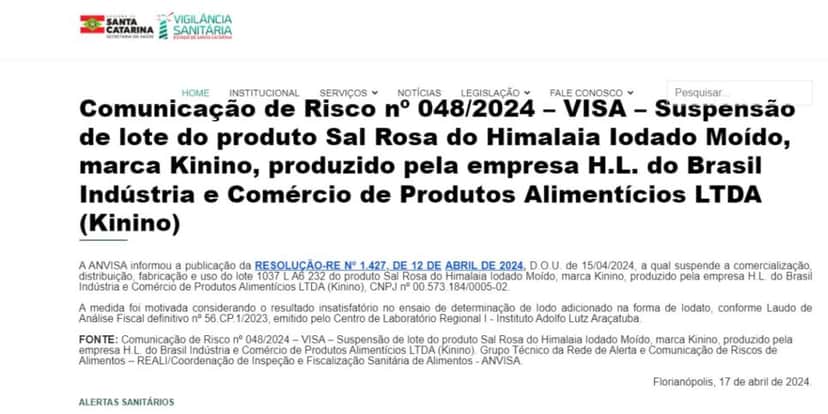 Comunicado da Anvisa sobre o Sal Rosa do Himalaia (Reprodução: Anvisa) Comunicado da Anvisa sobre o Sal Rosa do Himalaia (Reprodução: Anvisa)