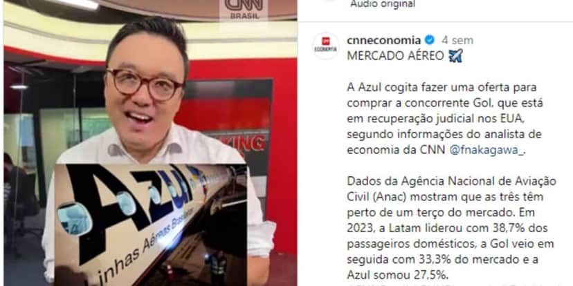 O jornalista revelou o interesse da Azul de comprar a Gol (Reprodução: Instagram) O jornalista revelou o interesse da Azul de comprar a Gol (Reprodução: Instagram)