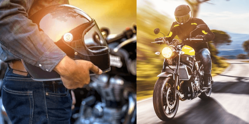Pessoa segurando capacete e motociclista andando de moto - foto: TV Foco Pessoa segurando capacete e motociclista andando de moto - foto: TV Foco
