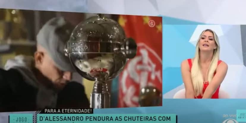 Renata Fan relembrou os títulos do atleta com a camisa do Inter (Reprodução: Band) Renata Fan relembrou os títulos do atleta com a camisa do Inter (Reprodução: Band)