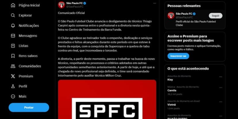 Comunicado oficial do São Paulo feito no dia 18 de abril (Foto: Reprodução/ X) Comunicado oficial do São Paulo feito no dia 18 de abril (Foto: Reprodução/ X)
