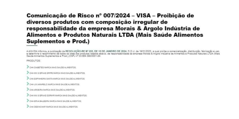 Decreto Anvisa de produtos Mais Saúde Alimentos e suplementos (Foto Reprodução/VISA) Decreto Anvisa de produtos Mais Saúde Alimentos e suplementos (Foto Reprodução/VISA)