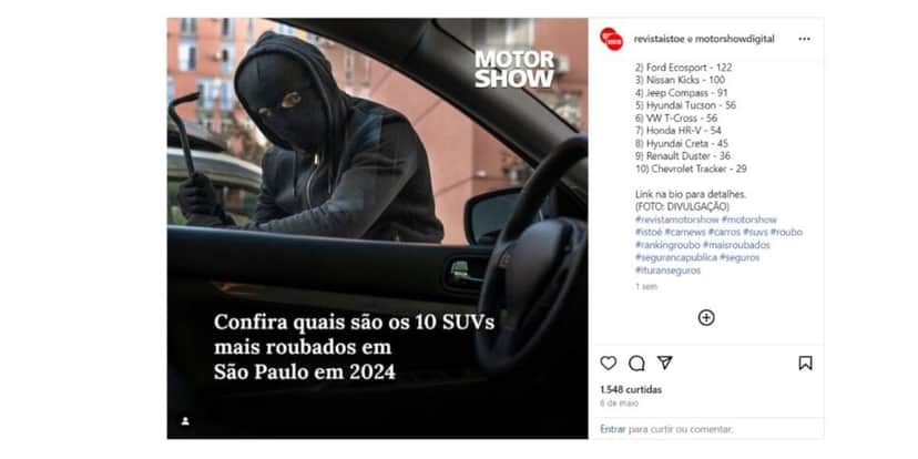 Notícia sobre SUVs mais roubados em 2024 (Foto: Reprodução / Instagram) Notícia sobre SUVs mais roubados em 2024 (Foto: Reprodução / Instagram)