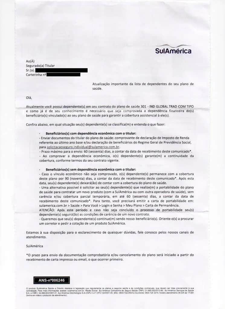 Comunicado da SulAmérica enviado aos beneficiários (Foto: Reprodução / Elton Fernandes Advogados) Comunicado da SulAmérica enviado aos beneficiários (Foto: Reprodução / Elton Fernandes Advogados)