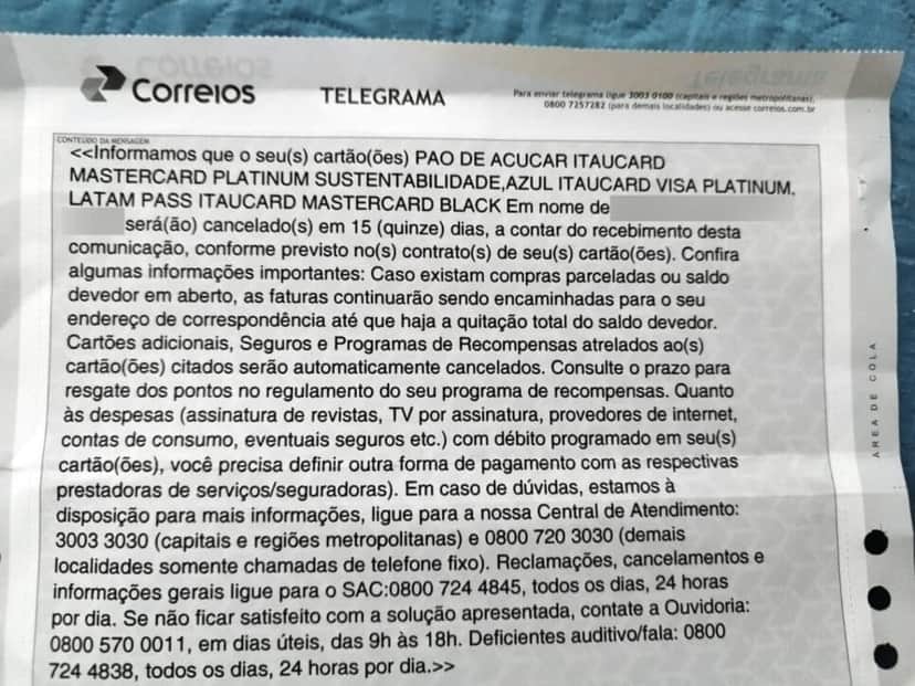 Telegrama enviado pelo Itaú - Foto: Internet Telegrama enviado pelo Itaú - Foto: Internet