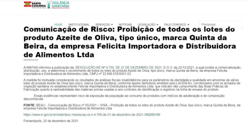 Alerta da Anvisa sobre o Azeite de Oliva da marca Quinta da Beira (Reprodução: Internet) Alerta da Anvisa sobre o Azeite de Oliva da marca Quinta da Beira (Reprodução: Internet)