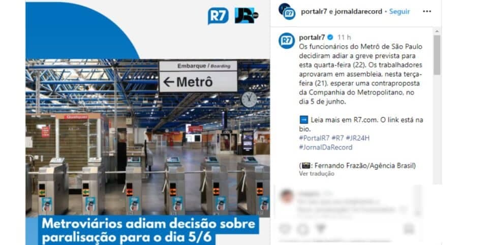 Metroviários decidirão sobre a greve no dia 5 de junho (Reprodução: Instagram) Metroviários decidirão sobre a greve no dia 5 de junho (Reprodução: Instagram)