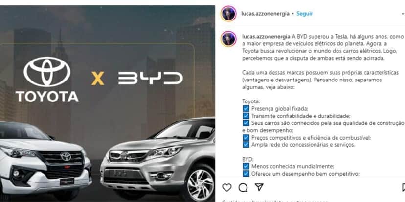 Toyota chega para bater de frente com a BYD (Reprodução: Instagram) Toyota chega para bater de frente com a BYD (Reprodução: Instagram)