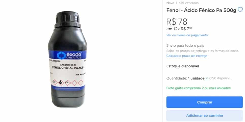Fenol sendo vendido no Mercado Livre (Foto: Reprodução/ Mercado Livre) Fenol sendo vendido no Mercado Livre (Foto: Reprodução/ Mercado Livre)