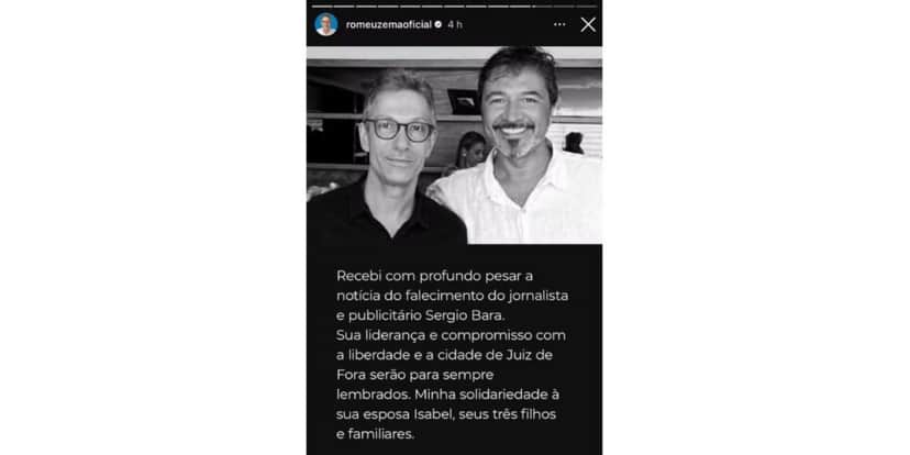 Homenagem de Romeu Zema para Sérgio Bara (Foto: Reprodução / Instagram) Homenagem de Romeu Zema para Sérgio Bara (Foto: Reprodução / Instagram)