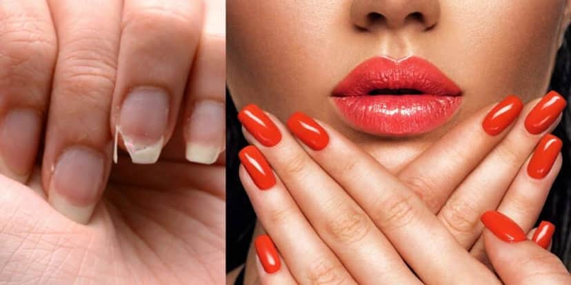 Unhas quebradas e mulher usando esmalte vermelho (Fotos: Reproduções / Canva) Unhas quebradas e mulher usando esmalte vermelho (Fotos: Reproduções / Canva)