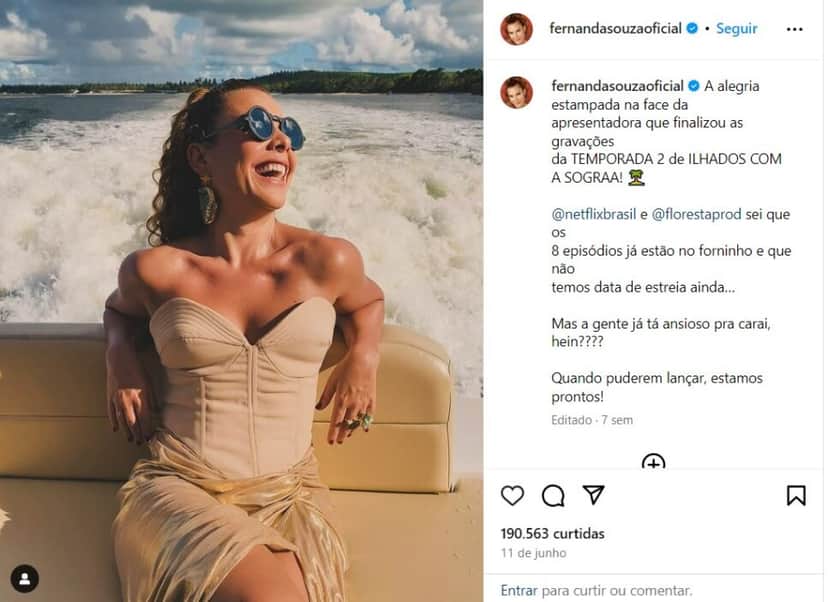Fernanda Souza apresenta o Ilhados com a Sogra da Netflix (Foto: Reprodução/Instagram) Fernanda Souza apresenta o Ilhados com a Sogra da Netflix (Foto: Reprodução/Instagram)