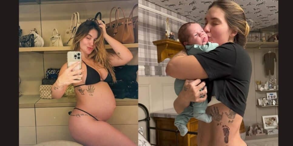 Virginia Fonseca grávida de João Leonardo/ Com o menino no colo após o nascimento exibindo o abdômen definido (Foto Reprodução/Montagem/Lennita/Tv Foco/Instagram) Virginia Fonseca grávida de João Leonardo/ Com o menino no colo após o nascimento exibindo o abdômen definido (Foto Reprodução/Montagem/Lennita/Tv Foco/Instagram)