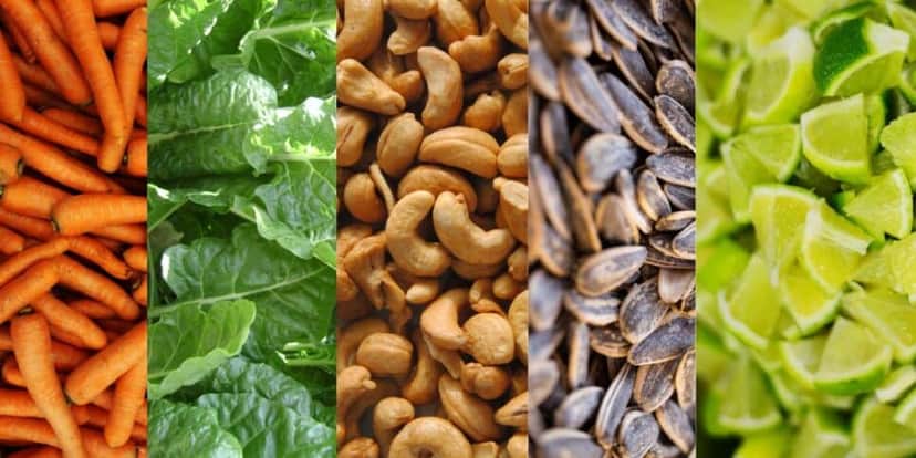 A Cenoura, espinafre, castanha de caju, sementes de girassol e o limão são essenciais na produção de colágeno (Foto Reprodução/Montagem/Lennita/Tv Foco) A Cenoura, espinafre, castanha de caju, sementes de girassol e o limão são essenciais na produção de colágeno (Foto Reprodução/Montagem/Lennita/Tv Foco)