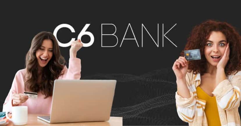 Logo C6 Bank e mulheres com cartão de crédito celebrando (Fotos: Reproduções / Internet / Canva) Logo C6 Bank e mulheres com cartão de crédito celebrando (Fotos: Reproduções / Internet / Canva)