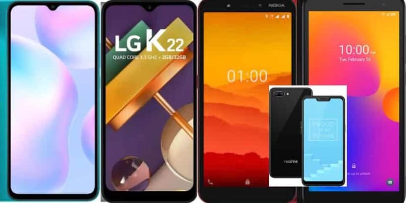 Xiaomi Redmi 9A; LG K22; Nokia C1; Alcatel 1B e Realme C11(Foto Reprodução/Montagem/Google Shopping) Xiaomi Redmi 9A; LG K22; Nokia C1; Alcatel 1B e Realme C11(Foto Reprodução/Montagem/Google Shopping)