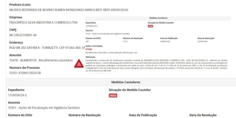 Proibição da ANVISA contra lote da Best Beef (Foto Reprodução/Montagem/Lennita/Tv Foco/Boletim ANVISA) Proibição da ANVISA contra lote da Best Beef (Foto Reprodução/Montagem/Lennita/Tv Foco/Boletim ANVISA)