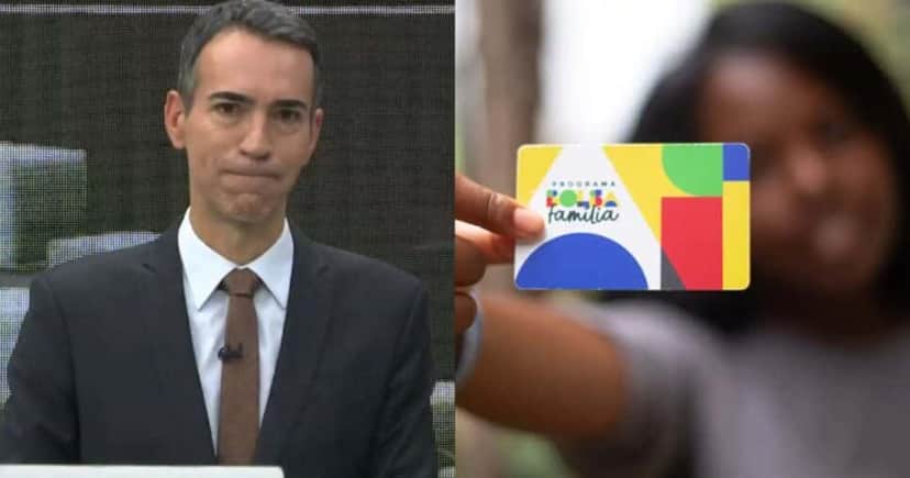 César Tralli no Jornal Hoje e mulher segurando cartão do Bolsa Família (Fotos: Reproduções / Globo / Lyon Santos / MDS) César Tralli no Jornal Hoje e mulher segurando cartão do Bolsa Família (Fotos: Reproduções / Globo / Lyon Santos / MDS)
