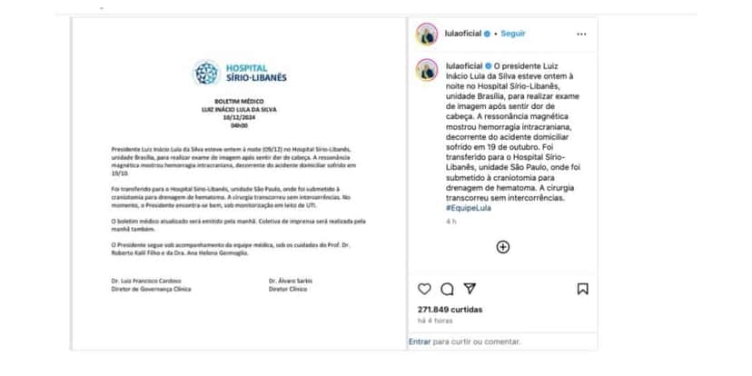 Comunicado sobre cirurgia de Lula (Foto: Reprodução / Instagram) Comunicado sobre cirurgia de Lula (Foto: Reprodução / Instagram)